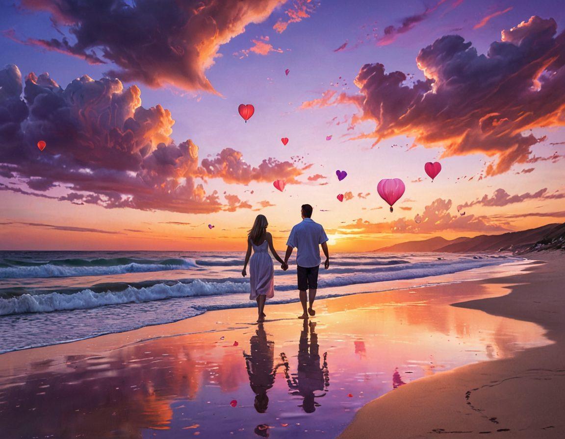 A romantic landscape depicting a couple walking hand-in-hand along a serene beach at sunset, with soft waves lapping at their feet. Incorporate heart-shaped clouds in the sky and a pathway of glowing lanterns leading towards the horizon. The atmosphere should evoke warmth and connection, symbolizing the journey of love. super-realistic. vibrant colors. 3D.