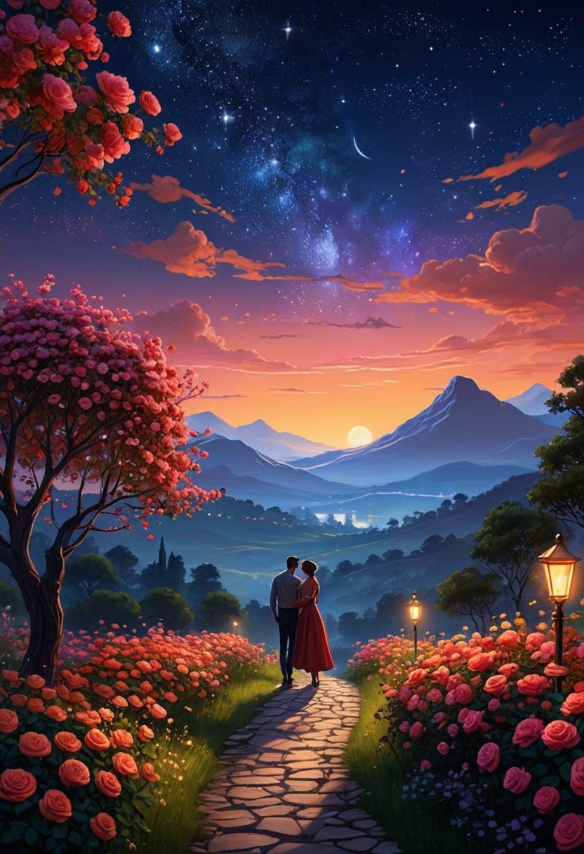 A serene, moonlit landscape with two silhouettes embracing under a starry sky, surrounded by blooming roses and soft glowing lights symbolizing love and passion. The path leading to a distant heart-shaped horizon signifies a journey of connection. Emphasize warm colors to evoke emotions of romance. 3D illustration. vibrant colors.