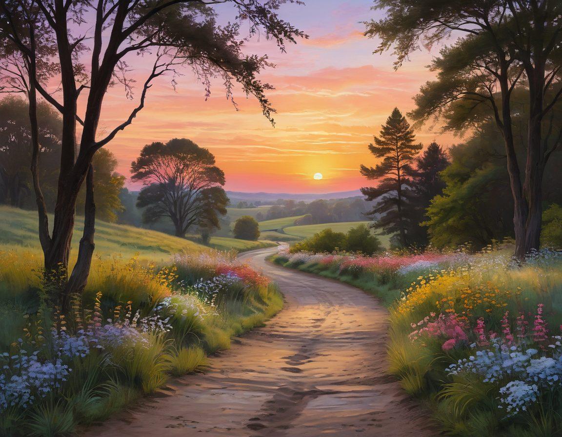 A symbolic path winding through a serene landscape, representing the journey of love, with images of couples at various stages of intimacy along the way. Soft pastel colors illuminate the scene, highlighting emotions of joy, connection, and warmth. In the background, silhouettes of a sunset create a romantic ambiance. The atmosphere is filled with delicate flowers and soft lighting. Digital painting. vibrant colors.